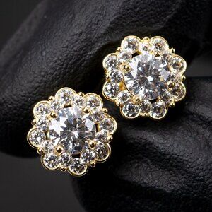 Brilliant Flower Cluster 925 Sterling Silver 14K Yellow Gold Round Halo Earrings